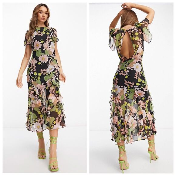 Asos Design Chiffon Asymmetric Waist Midi Dress Womens Sz 12 Floral Frill Hem - Picture 1 of 16